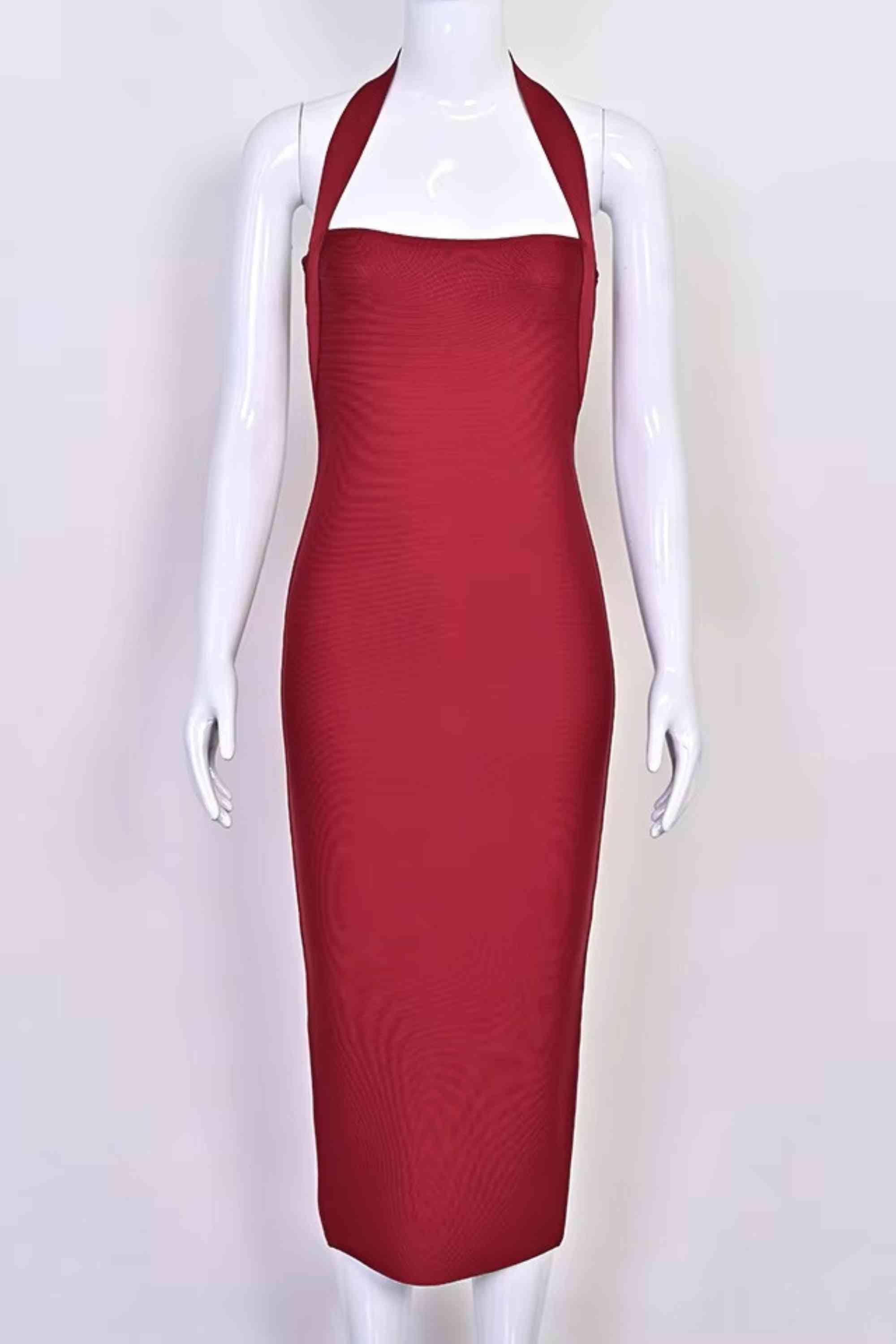 Woman wearing a figure flattering  Raya Bodycon Midi Dress - Red Wine BODYCON COLLECTION Pty Ltd