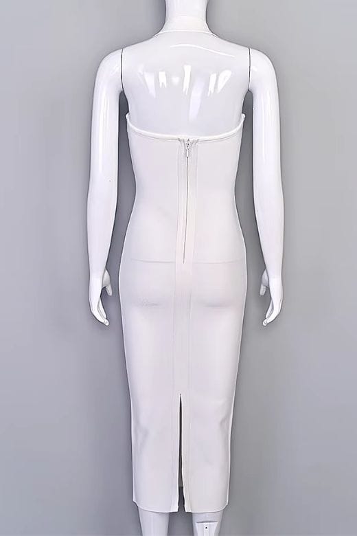 Woman wearing a figure flattering  Raya Bodycon Midi Dress - White Pearl BODYCON COLLECTION Pty Ltd