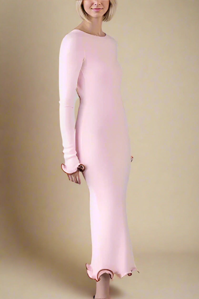 Woman wearing a figure flattering  Regina Long Sleeve Bodycon Maxi Dress - Dusty Pink BODYCON COLLECTION