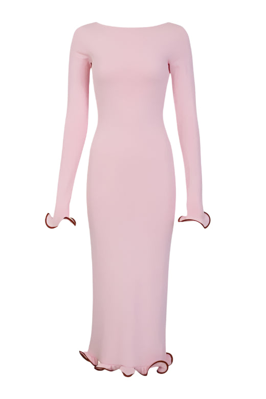 Woman wearing a figure flattering  Regina Long Sleeve Bodycon Maxi Dress - Dusty Pink BODYCON COLLECTION