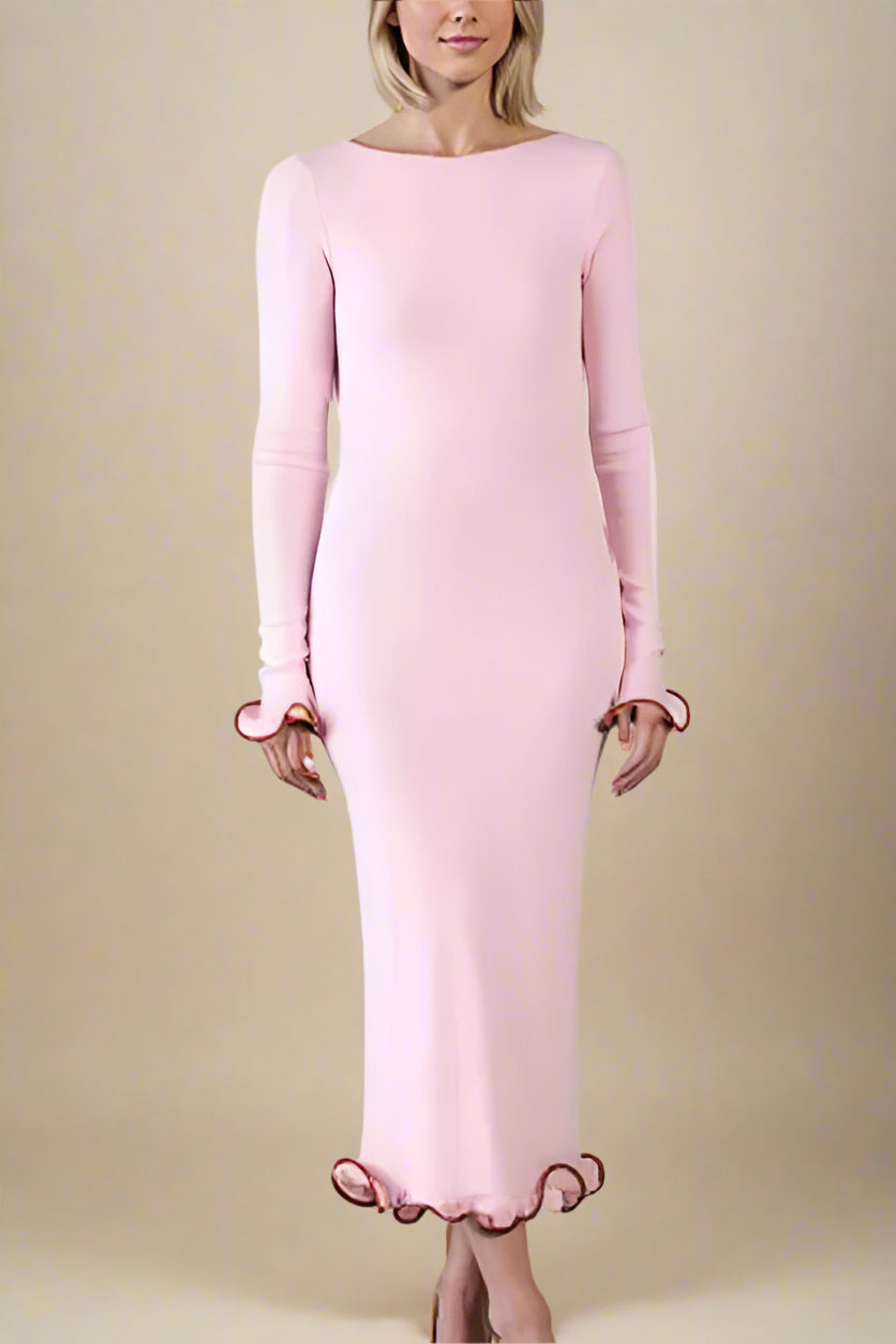 Woman wearing a figure flattering  Regina Long Sleeve Bodycon Maxi Dress - Dusty Pink BODYCON COLLECTION