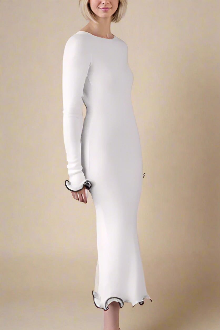 Woman wearing a figure flattering  Regina Long Sleeve Bodycon Maxi Dress - Ivory White BODYCON COLLECTION