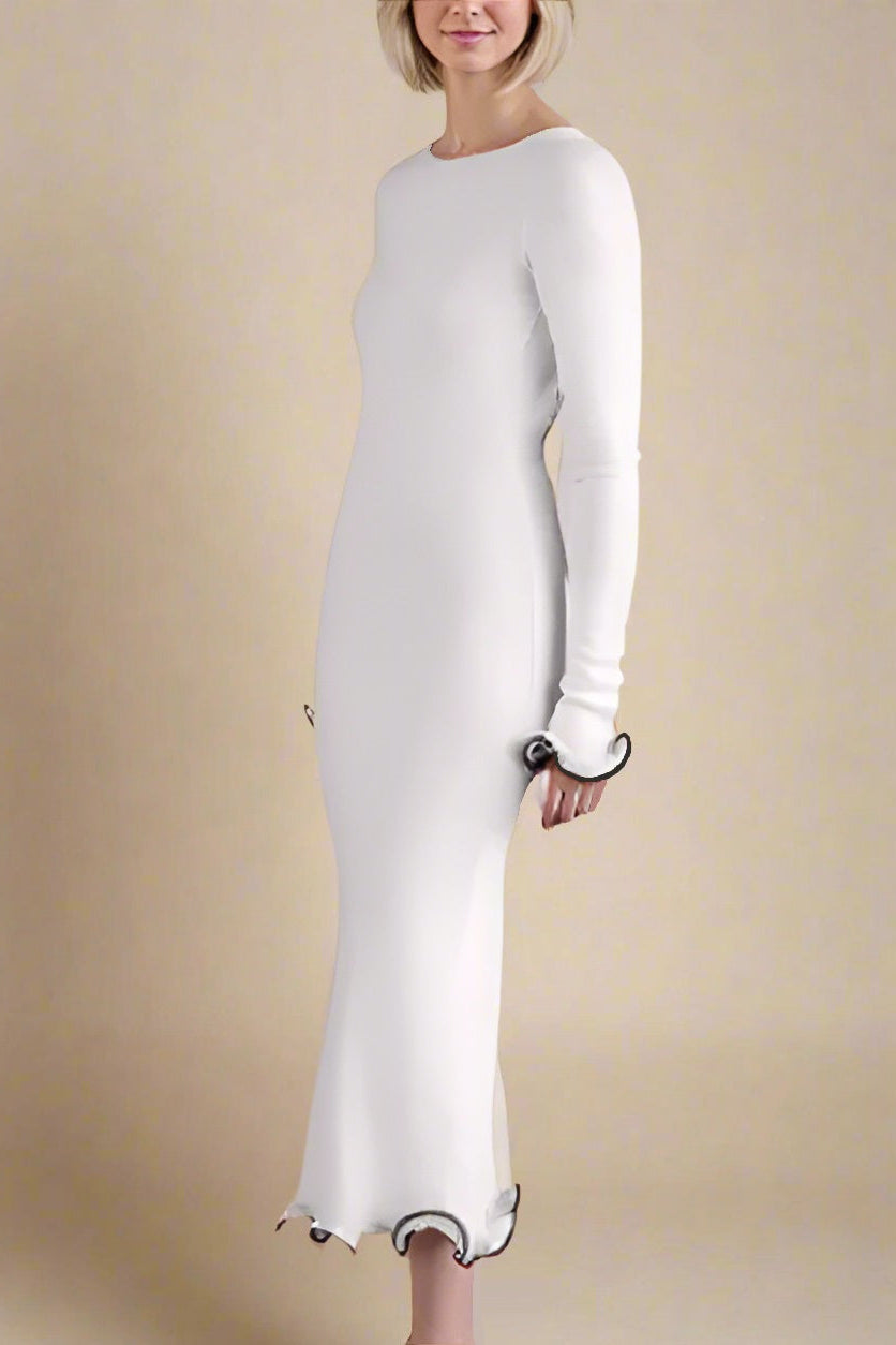 Woman wearing a figure flattering  Regina Long Sleeve Bodycon Maxi Dress - Ivory White BODYCON COLLECTION