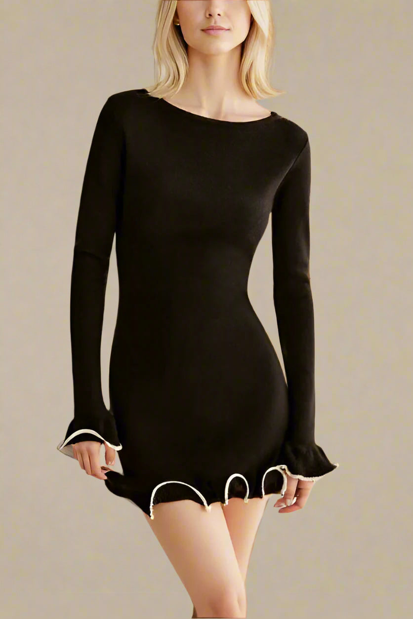 Woman wearing a figure flattering  Regina Long Sleeve Bodycon Mini Dress - Classic Black BODYCON COLLECTION