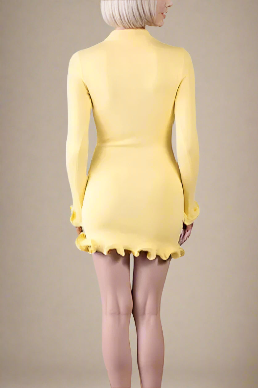 Woman wearing a figure flattering  Regina Long Sleeve Bodycon Mini Dress - Sun Yellow BODYCON COLLECTION