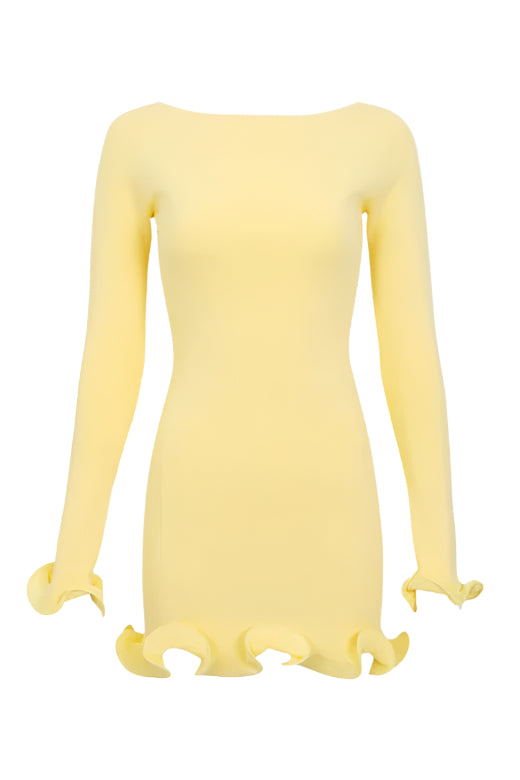 Woman wearing a figure flattering  Regina Long Sleeve Bodycon Mini Dress - Sun Yellow BODYCON COLLECTION