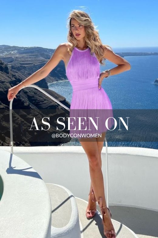 Woman wearing a figure flattering  Riley Bodycon Mini Dress - Violet Purple BODYCON COLLECTION