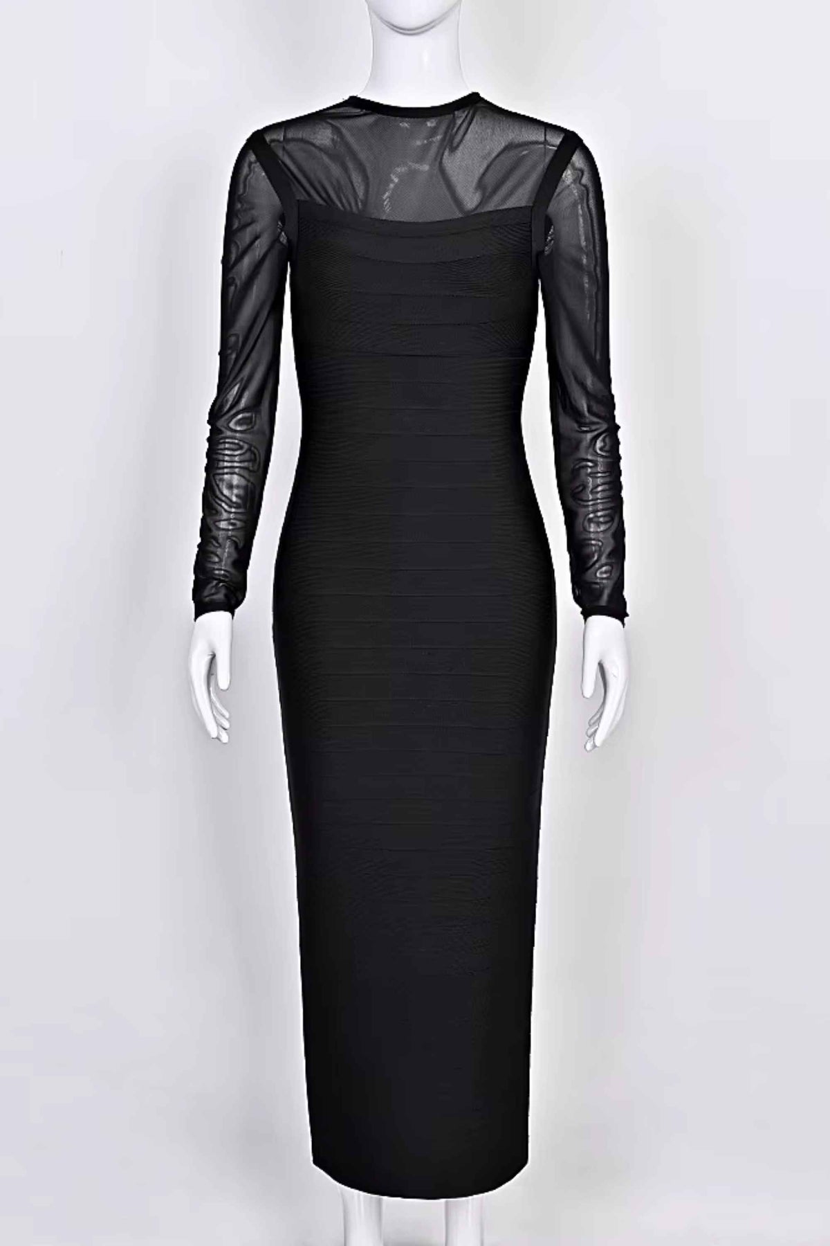 Woman wearing a figure flattering  Robin Long Sleeve Bandage Maxi Dress - Classic Black BODYCON COLLECTION Pty Ltd