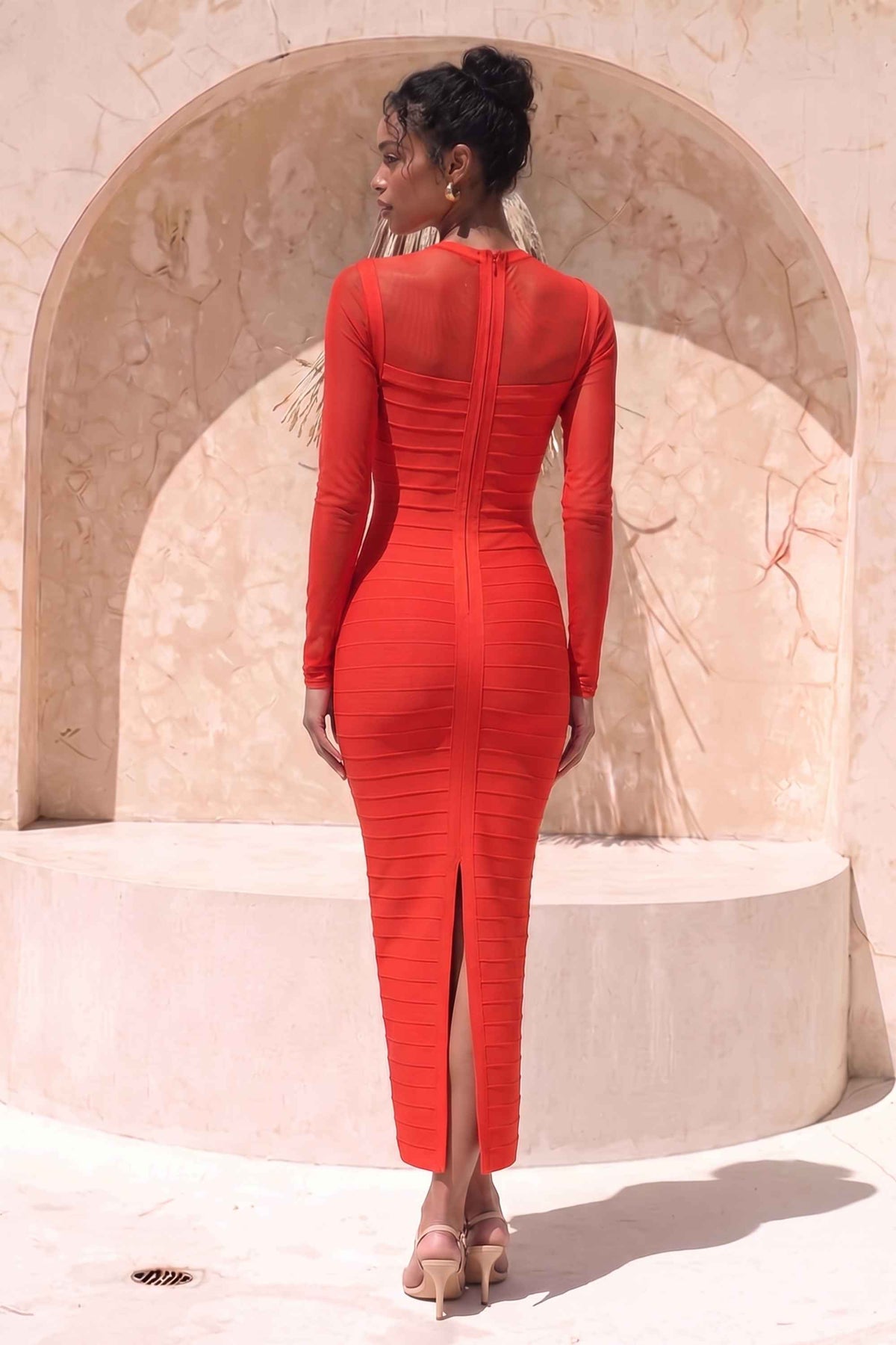 Woman wearing a figure flattering  Robin Long Sleeve Bandage Maxi Dress - Lipstick Red BODYCON COLLECTION Pty Ltd