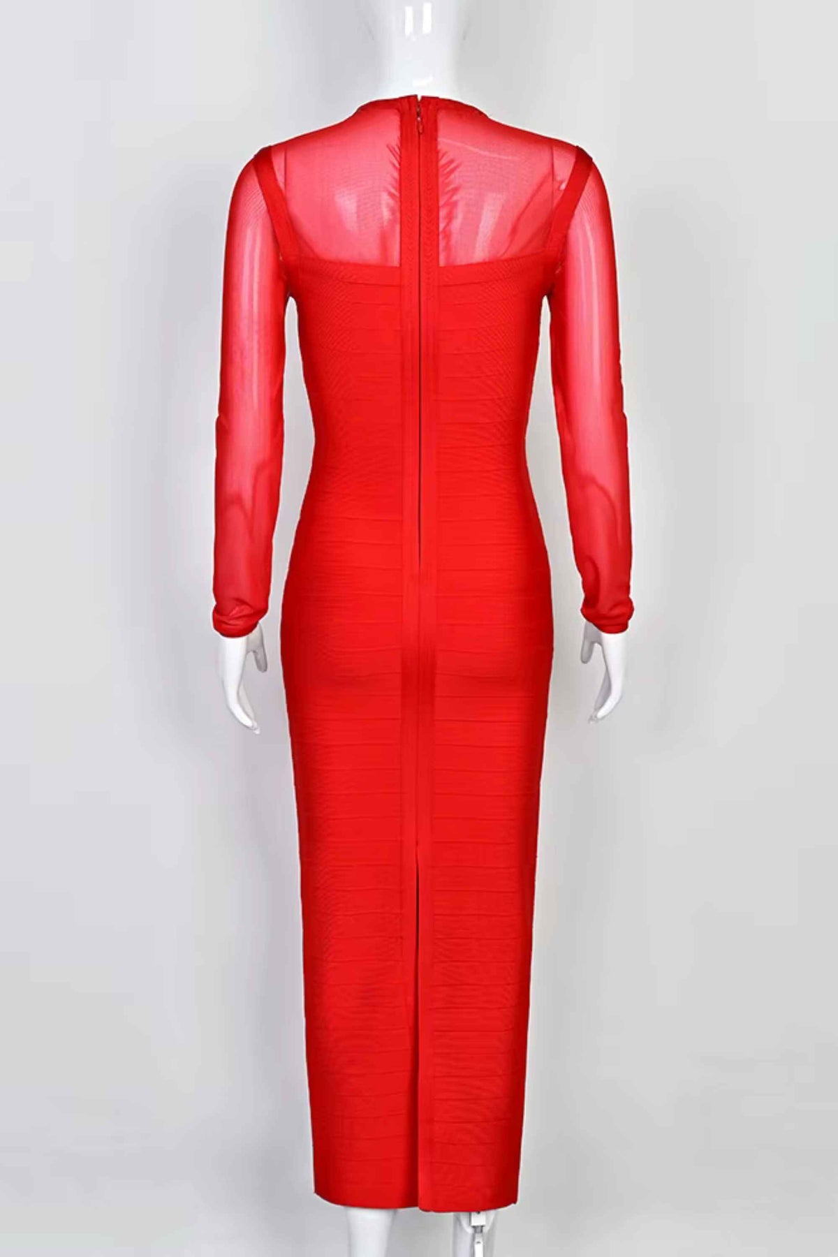 Woman wearing a figure flattering  Robin Long Sleeve Bandage Maxi Dress - Lipstick Red BODYCON COLLECTION Pty Ltd