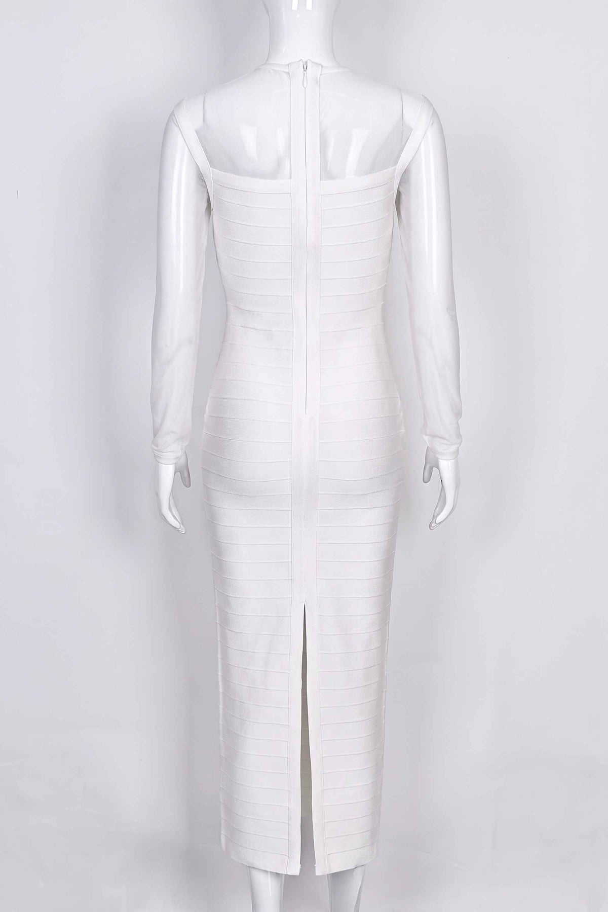 Woman wearing a figure flattering  Robin Long Sleeve Bandage Maxi Dress - White Pearl BODYCON COLLECTION Pty Ltd