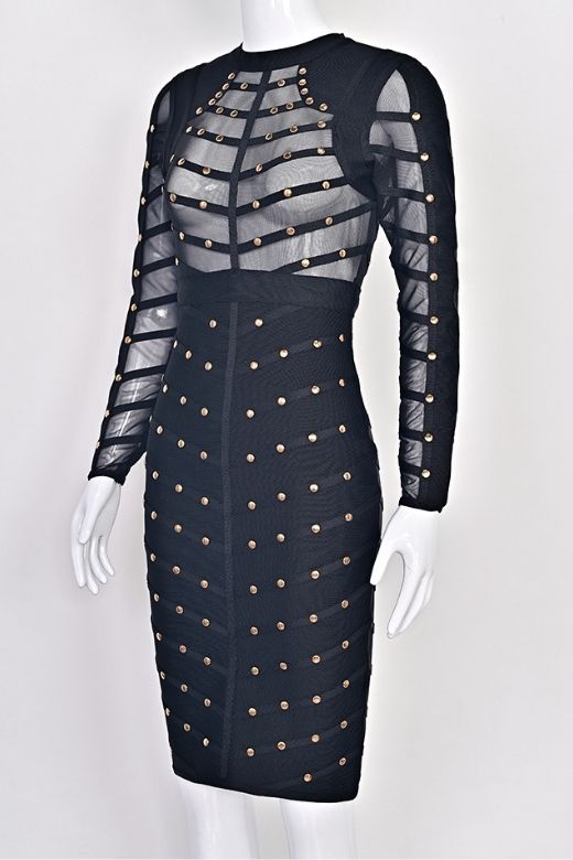 Woman wearing a figure flattering  Rosa Long Sleeve Bodycon Dress - Classic Black BODYCON COLLECTION