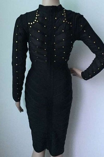 Woman wearing a figure flattering  Rosa Long Sleeve Bodycon Dress - Classic Black BODYCON COLLECTION