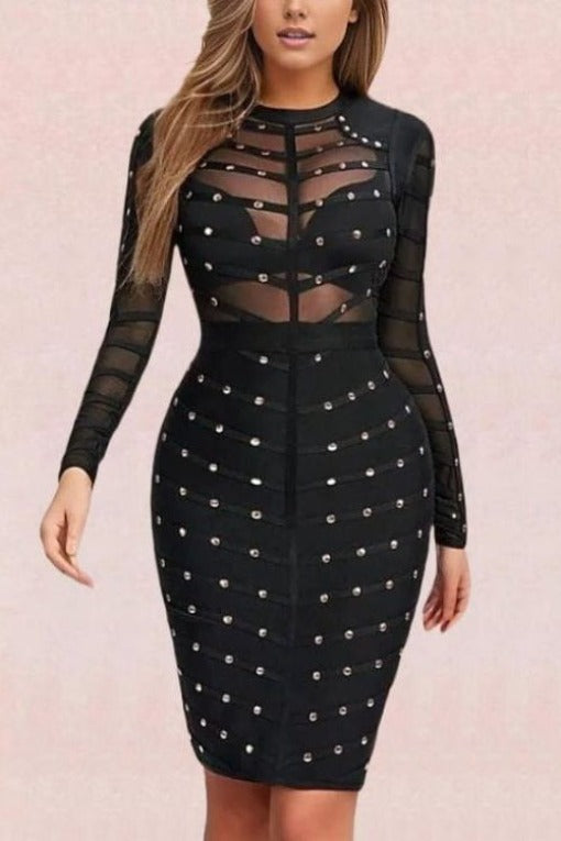 Woman wearing a figure flattering  Rosa Long Sleeve Bodycon Dress - Classic Black BODYCON COLLECTION