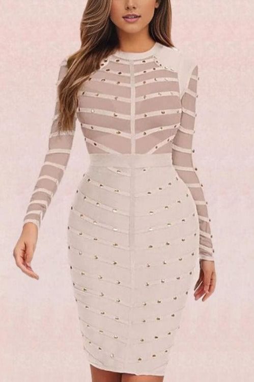 Woman wearing a figure flattering  Rosa Long Sleeve Bodycon Dress - Cream BODYCON COLLECTION
