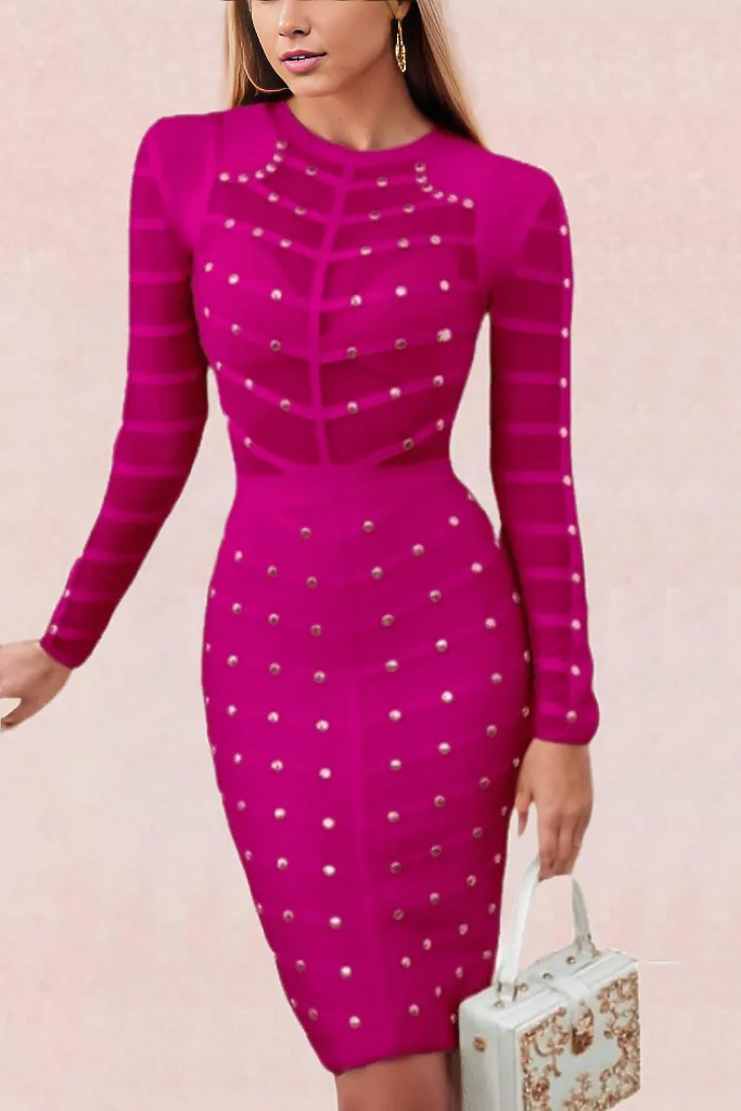 Woman wearing a figure flattering  Rosa Long Sleeve Bodycon Dress - Neon Purple BODYCON COLLECTION