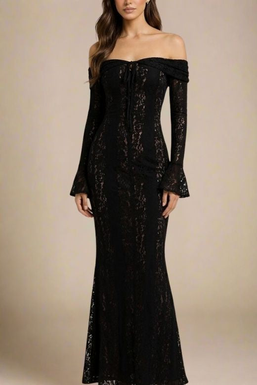 Woman wearing a figure flattering  Rose Long Sleeve Bodycon Maxi Dress - Classic Black BODYCON COLLECTION