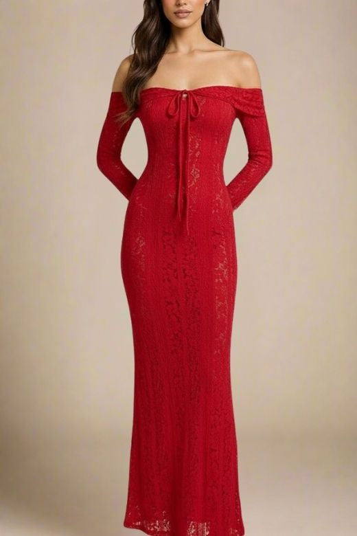 Woman wearing a figure flattering  Rose Long Sleeve Bodycon Maxi Dress - Lipstick Red BODYCON COLLECTION