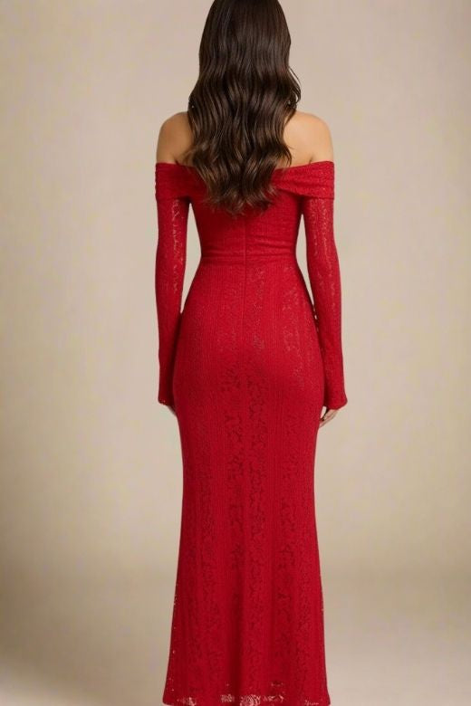 Woman wearing a figure flattering  Rose Long Sleeve Bodycon Maxi Dress - Lipstick Red BODYCON COLLECTION