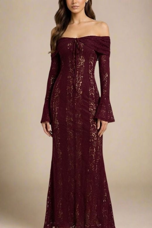 Woman wearing a figure flattering  Rose Long Sleeve Bodycon Maxi Dress - Sangria Purple BODYCON COLLECTION