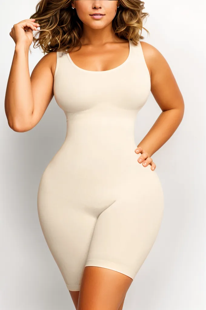 Woman wearing a figure flattering  Round Neck One Piece Bodysuit Shapewear - Mid Thigh Bodycon Collection