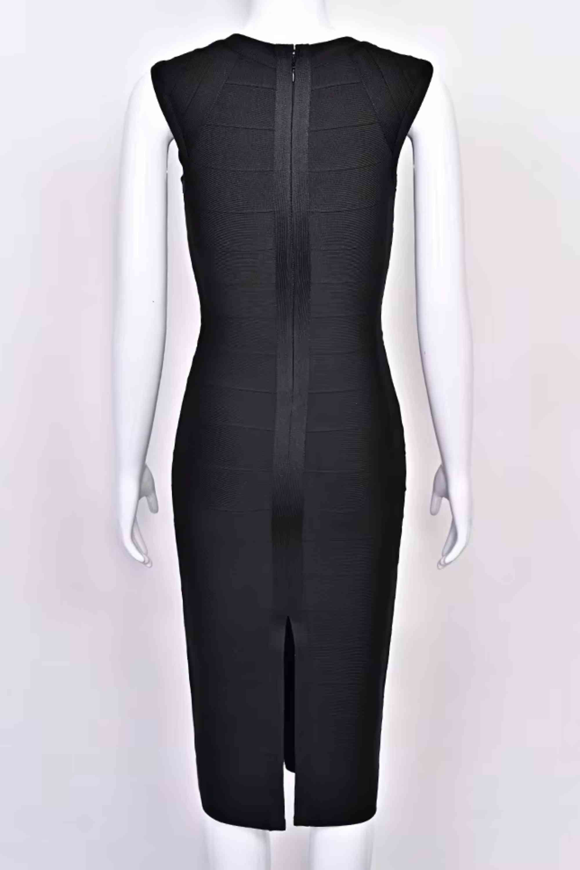 Woman wearing a figure flattering  Sabrina Bandage Midi Dress - Classic Black BODYCON COLLECTION Pty Ltd