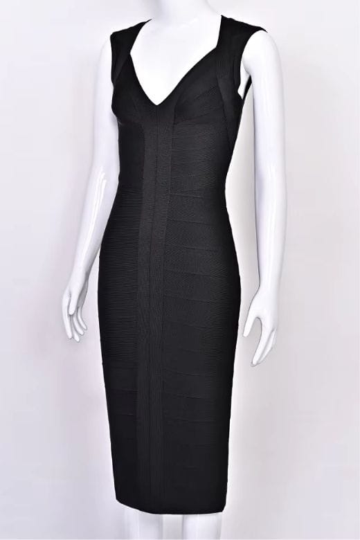 Woman wearing a figure flattering  Sabrina Bandage Midi Dress - Classic Black BODYCON COLLECTION Pty Ltd