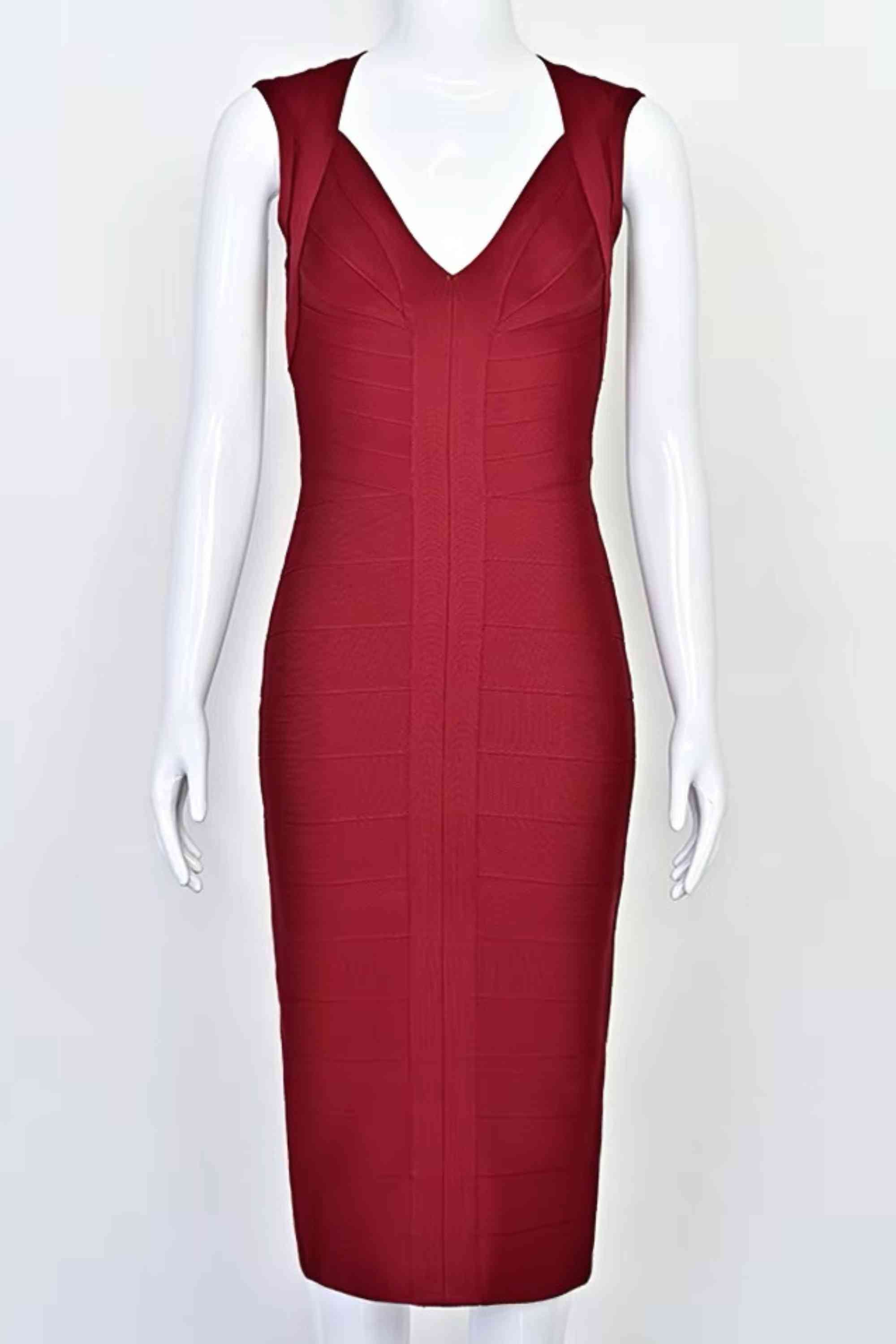 Woman wearing a figure flattering  Sabrina Bandage Midi Dress - Red Wine BODYCON COLLECTION Pty Ltd