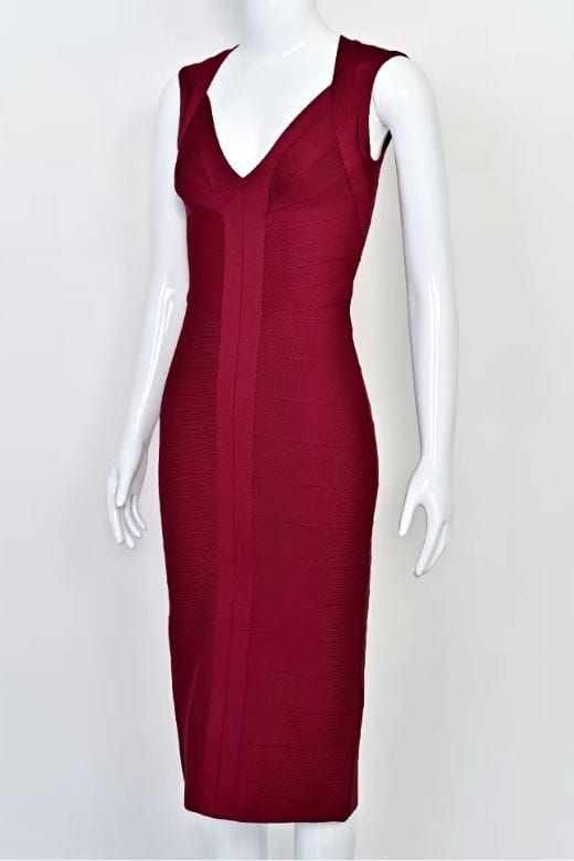 Woman wearing a figure flattering  Sabrina Bandage Midi Dress - Red Wine BODYCON COLLECTION Pty Ltd