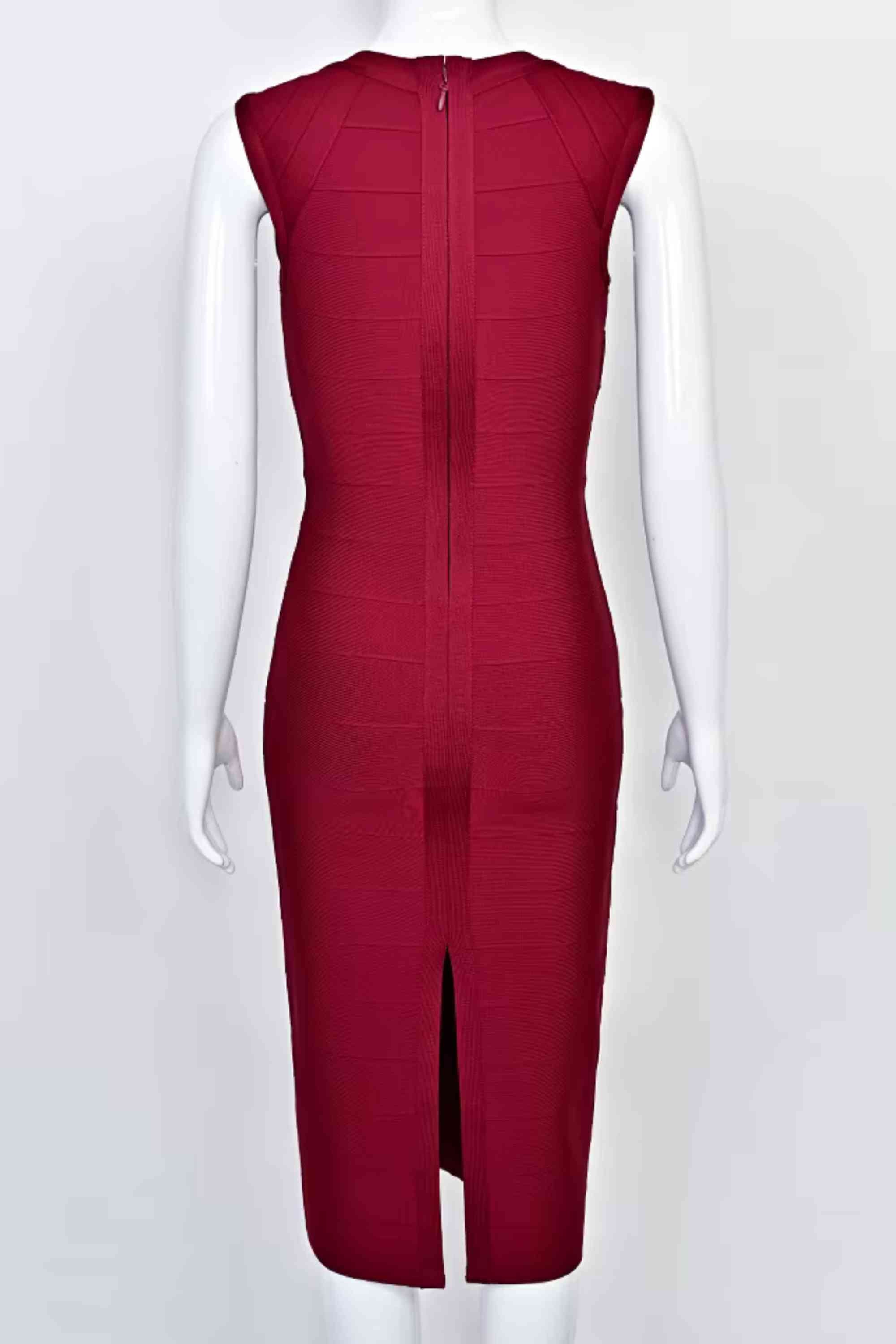 Woman wearing a figure flattering  Sabrina Bandage Midi Dress - Red Wine BODYCON COLLECTION Pty Ltd