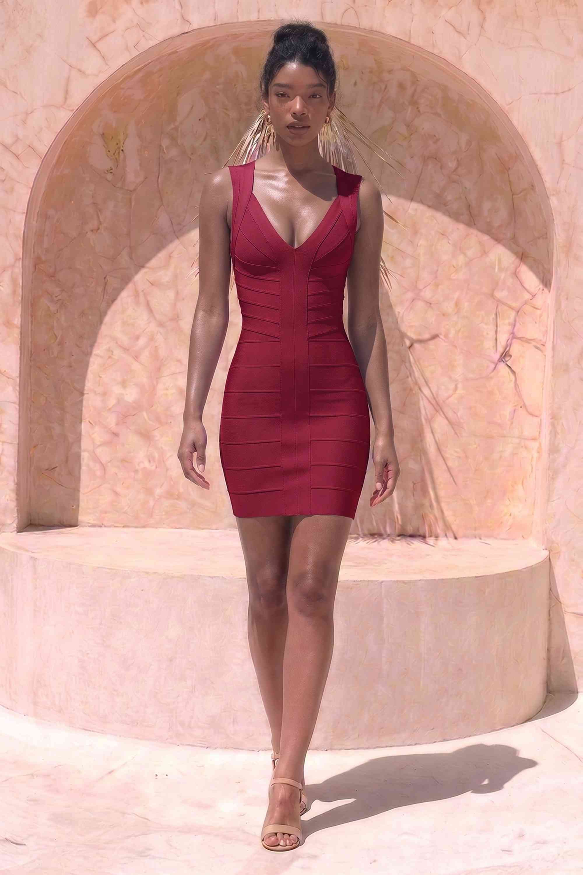 Woman wearing a figure flattering  Sabrina Bandage Mini Dress - Red Wine BODYCON COLLECTION Pty Ltd