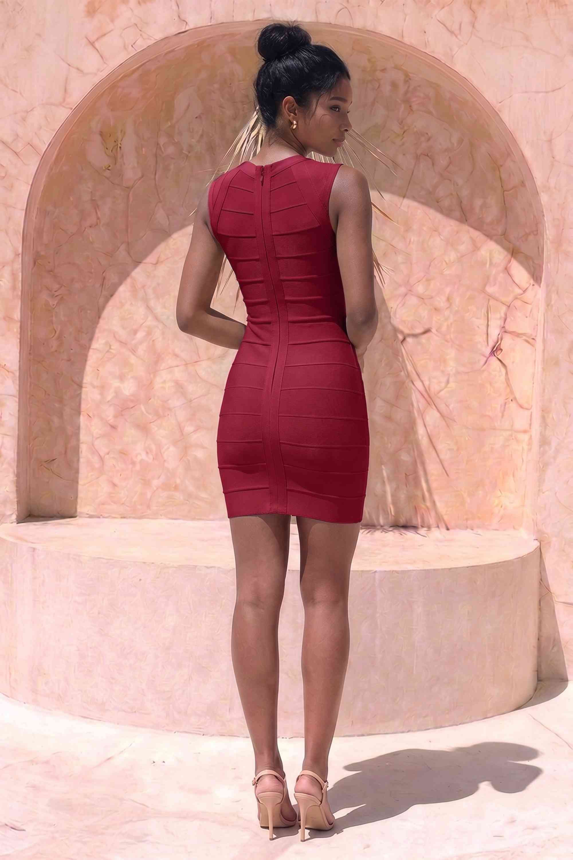 Woman wearing a figure flattering  Sabrina Bandage Mini Dress - Red Wine BODYCON COLLECTION Pty Ltd