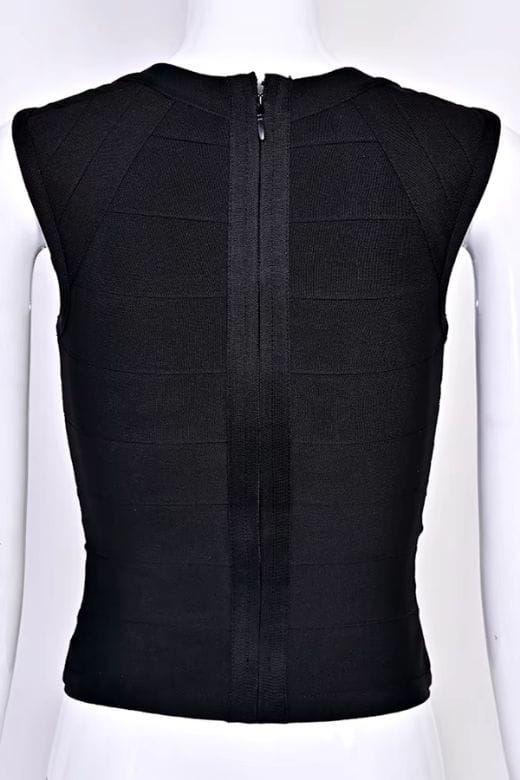 Woman wearing a figure flattering  Sabrina Bandage Top - Classic Black BODYCON COLLECTION Pty Ltd