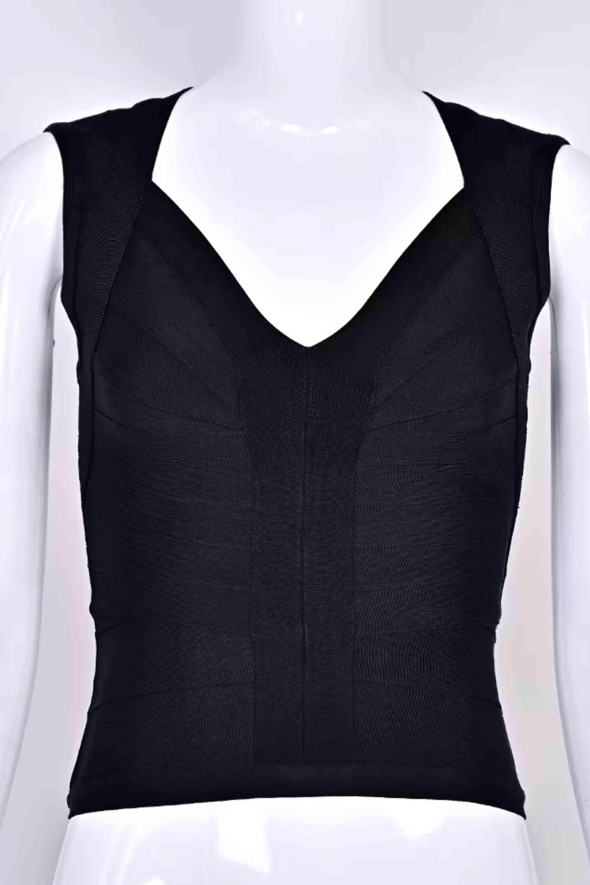 Woman wearing a figure flattering  Sabrina Bandage Top - Classic Black BODYCON COLLECTION Pty Ltd