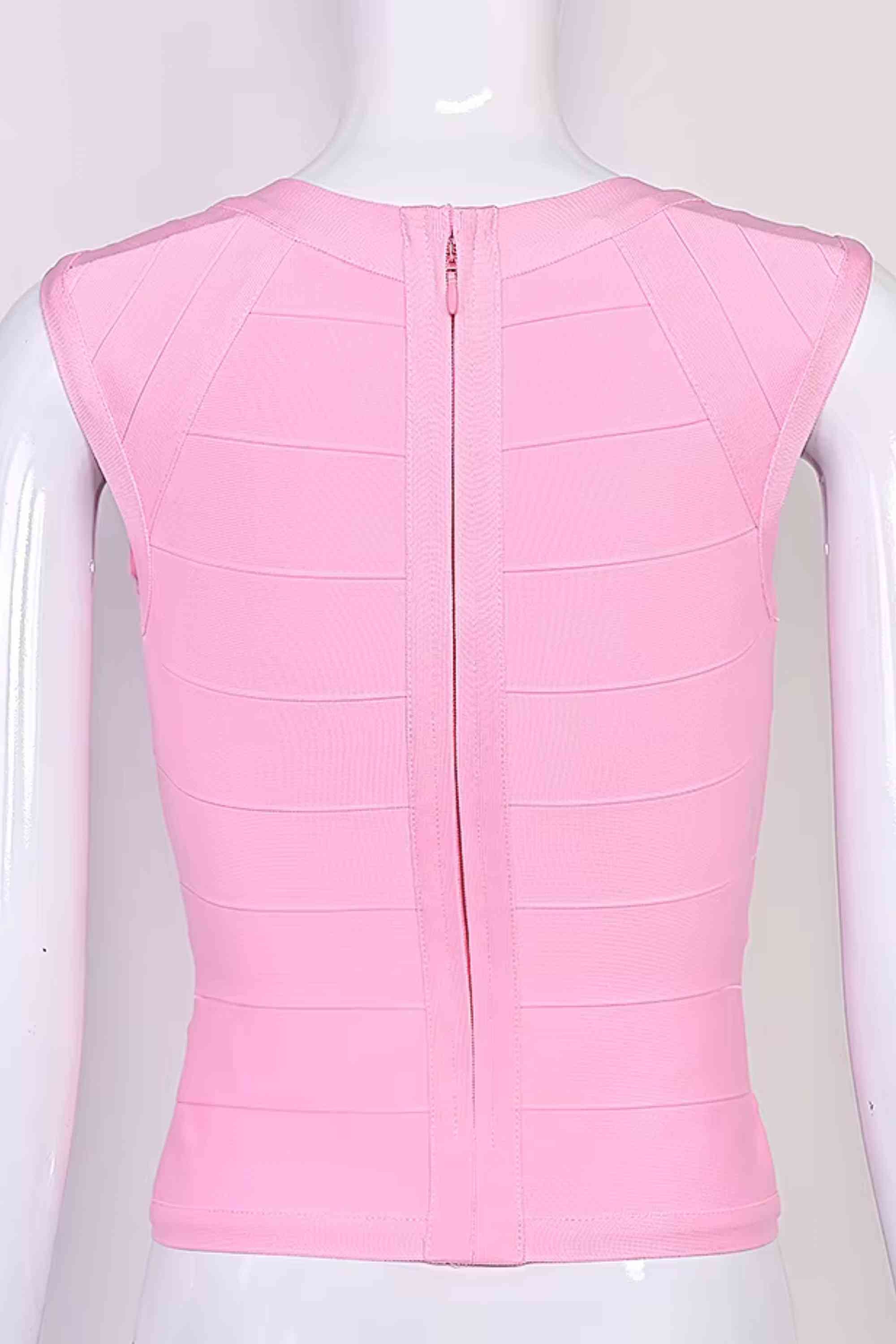 Woman wearing a figure flattering  Sabrina Bandage Top - Dusty Pink BODYCON COLLECTION Pty Ltd