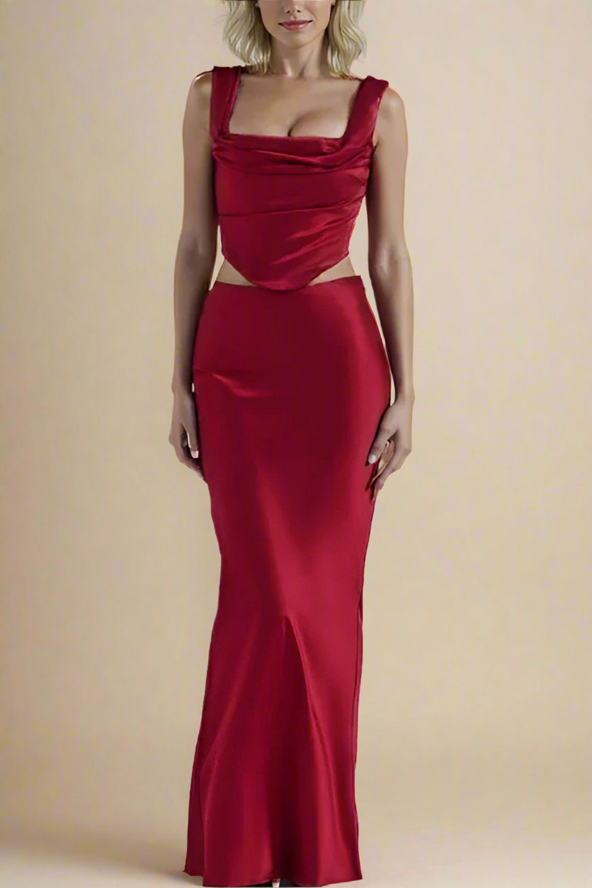 Woman wearing a figure flattering  Sabrina Wrap Top and Maxi Skirt Outfit Set - Lipstick Red BODYCON COLLECTION