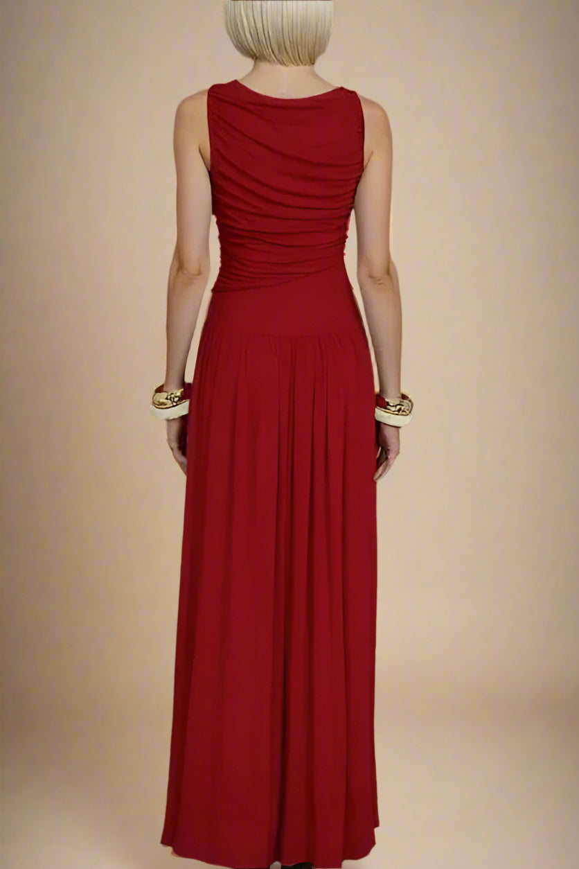 Woman wearing a figure flattering  Saint Bodycon Wrap Maxi Dress - Chilli Red BODYCON COLLECTION Pty Ltd