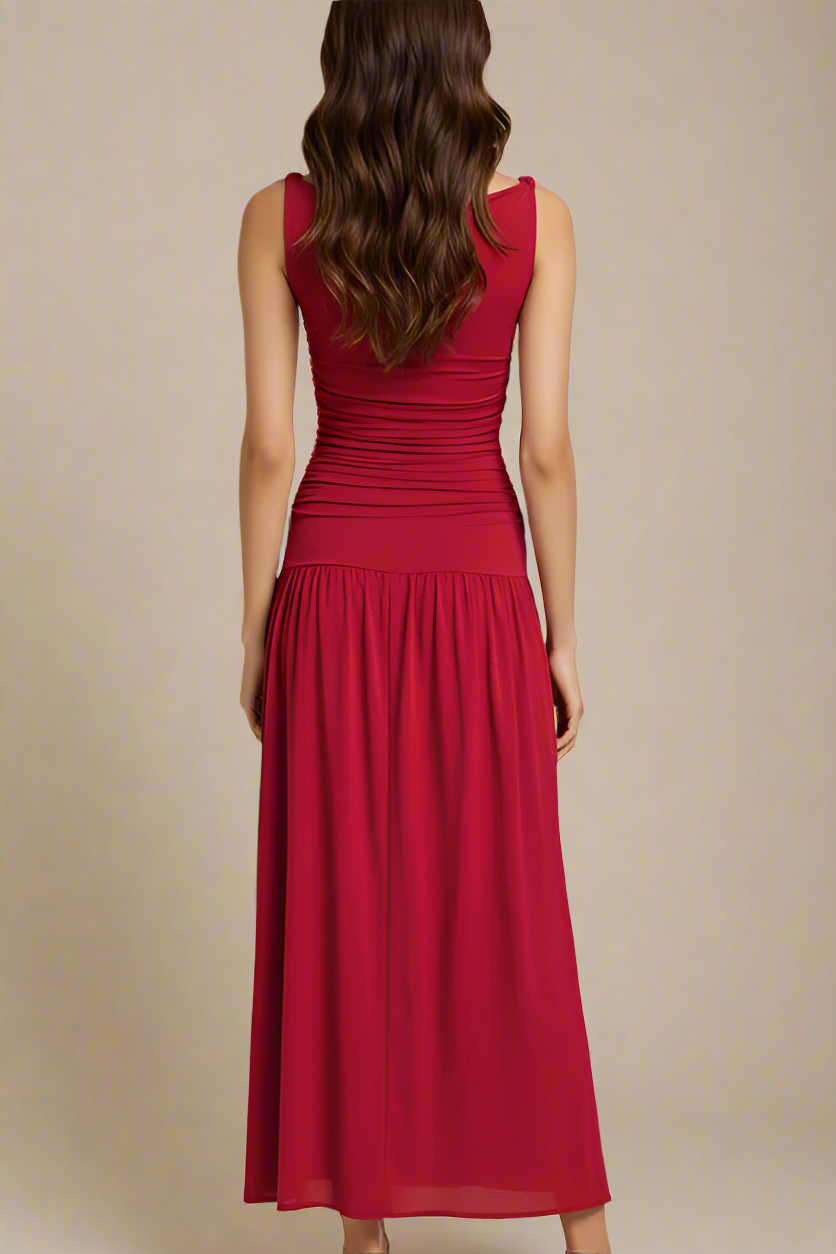 Woman wearing a figure flattering  Saint Bodycon Wrap Maxi Dress - Chilli Red BODYCON COLLECTION Pty Ltd