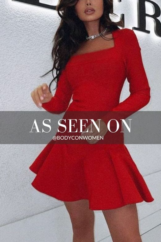 Woman wearing a figure flattering  Sara Bodycon Long Sleeve Mini Dress - Lipstick Red BODYCON COLLECTION