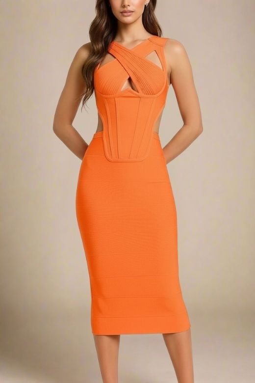 Woman wearing a figure flattering  Sasha Bandage Midi Dress - Apricot Orange BODYCON COLLECTION