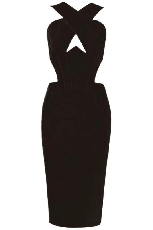 Woman wearing a figure flattering  Sasha Bandage Midi Dress - Classic Black BODYCON COLLECTION