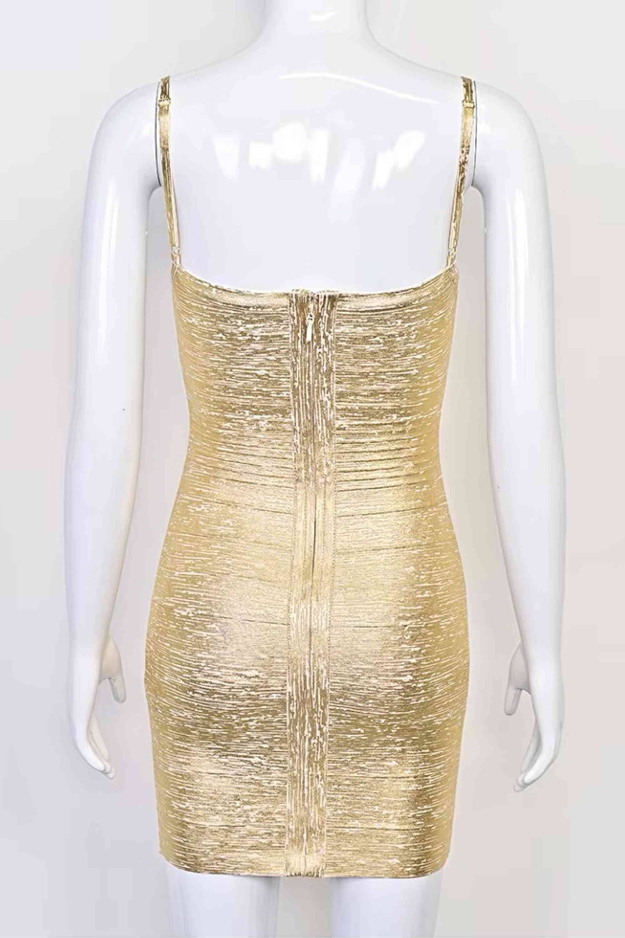 Woman wearing a figure flattering  Scarlett Bandage Mini Dress - Gold BODYCON COLLECTION Pty Ltd