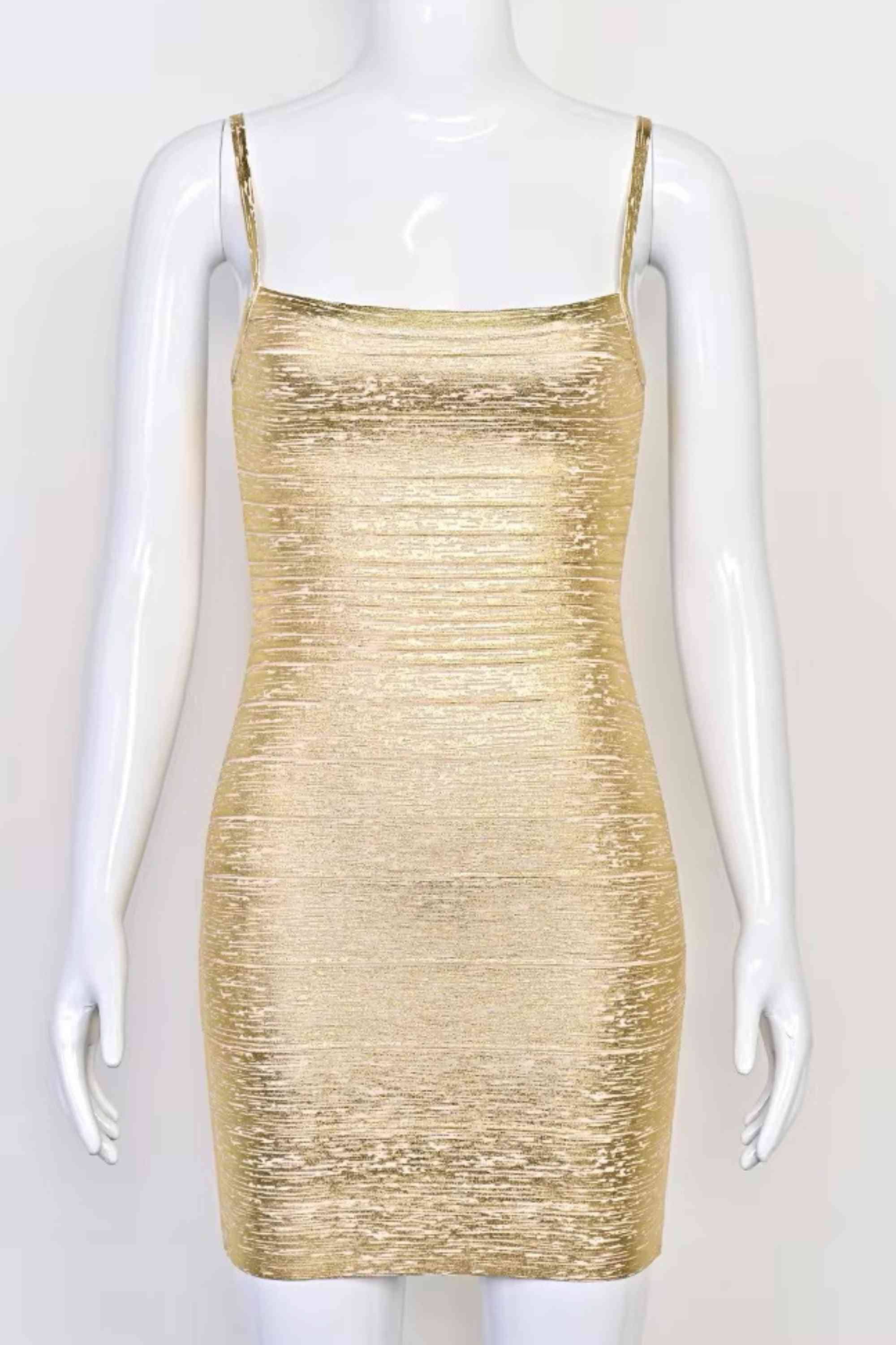 Woman wearing a figure flattering  Scarlett Bandage Mini Dress - Gold BODYCON COLLECTION Pty Ltd