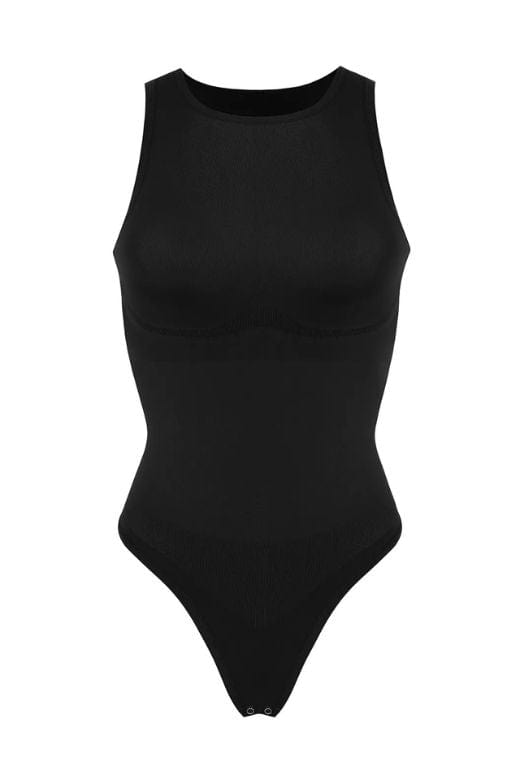 Woman wearing a figure flattering  Sculpting High Neck One Piece Bodysuit Shapewear - Panties Bodycon Collection