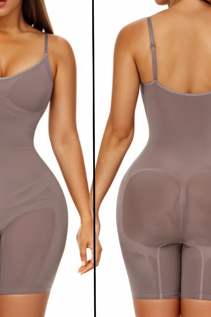 Woman wearing a figure flattering  Sculpting One Piece Bodysuit Shapewear - Mid Thigh Bodycon Collection