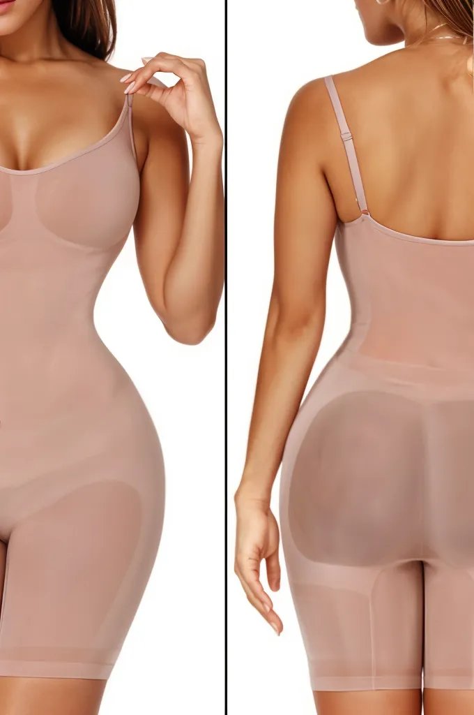 Woman wearing a figure flattering  Sculpting One Piece Bodysuit Shapewear - Mid Thigh Bodycon Collection