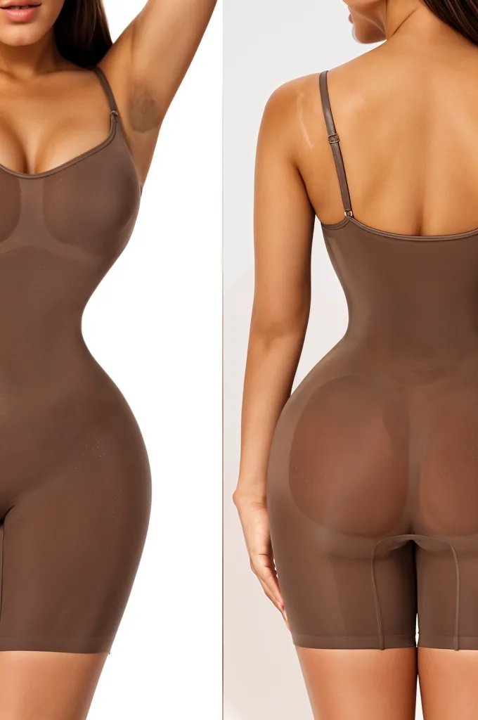 Woman wearing a figure flattering  Sculpting One Piece Bodysuit Shapewear - Mid Thigh Bodycon Collection