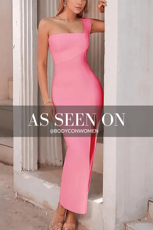 Woman wearing a figure flattering  Selene Bodycon Midi Dress - Blush Pink BODYCON COLLECTION