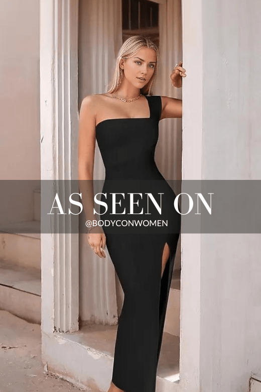 Woman wearing a figure flattering  Selene Bodycon Midi Dress - Classic Black BODYCON COLLECTION