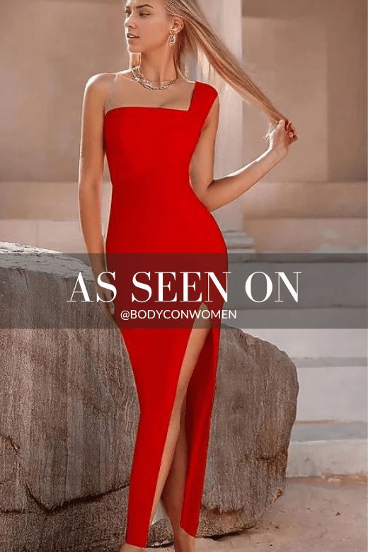 Woman wearing a figure flattering  Selene Bodycon Midi Dress - Lipstick Red BODYCON COLLECTION